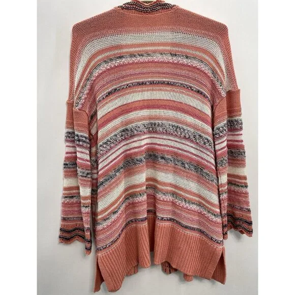 Soft Surroundings Cardigan Sweater Open Front Tunic Stripes Coral Pink Womens L - Picture 2 of 9